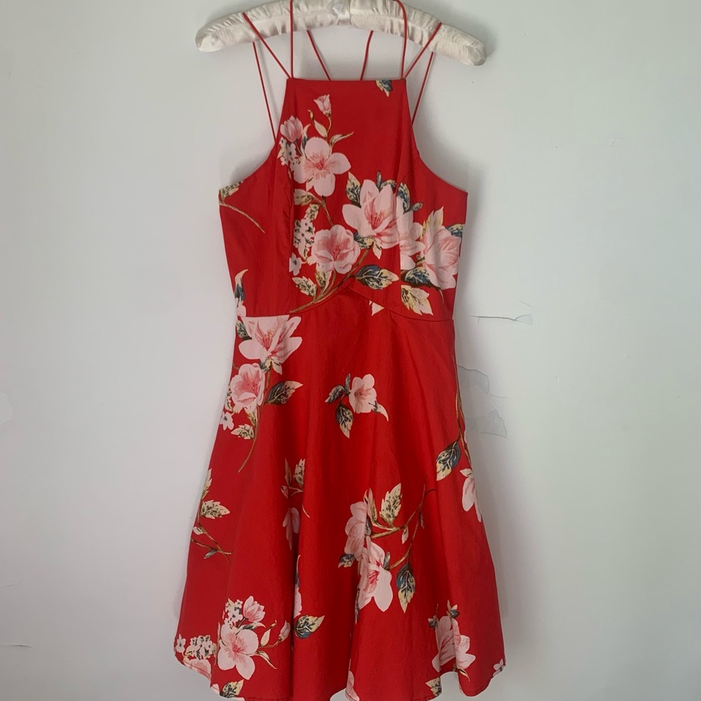 Charlotte Russe Strappy Fit & Flare Tulle Mini Sun Dress Medium Red Floral